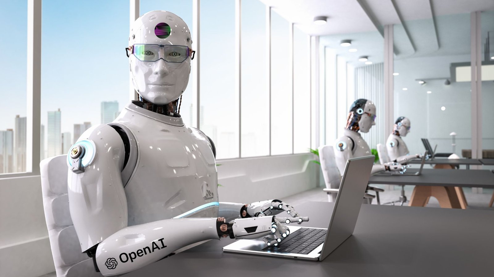 Robot IA ChatGPT de OpenAI à son bureau sur son ordinateur