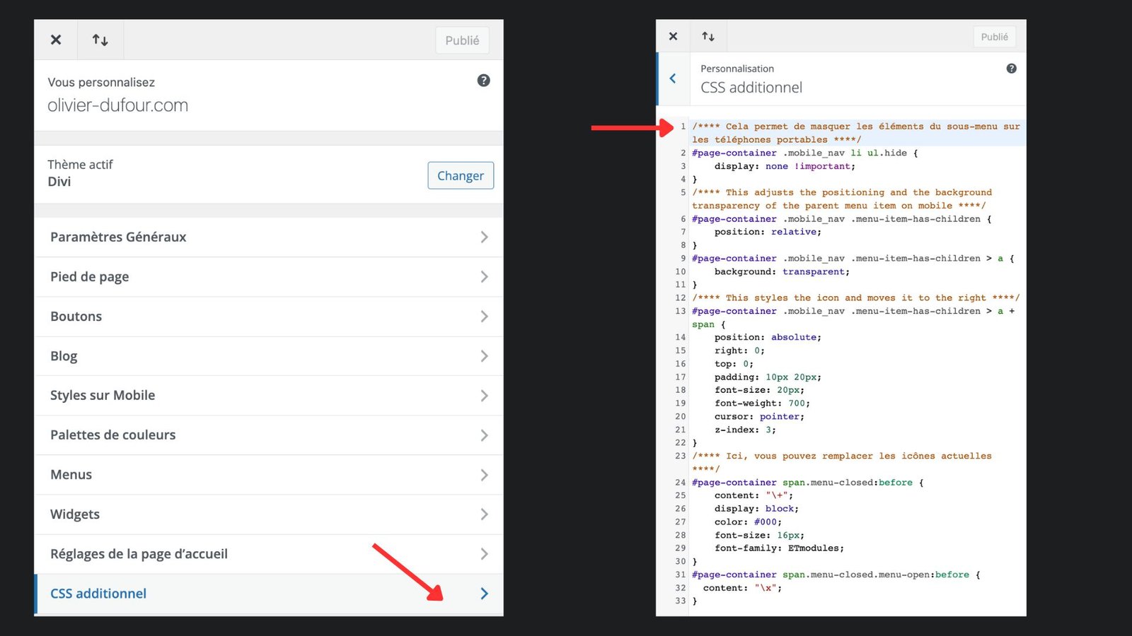 Refermez automatiquement les sous-menus de votre site Divi sur mobile - Code CSS