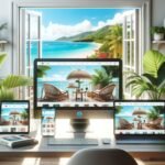 Un bureau de travail moderne avec une vue sur une plage en Guadeloupe à travers une fenêtre ouverte, affichant des dispositifs multiples - ordinateur de bureau, ordinateur portable, tablette, et smartphone - montrant le site web de Dr Page avec un design épuré qui met en avant des services de création de sites web en Guadeloupe. Des plantes vertes et des éléments de décoration évoquent une atmosphère calme et professionnelle