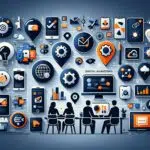 Concept de marketing digital innovant illustré par une multitude d'icônes interactives et de graphiques modernes sur fond bleu nuit, mettant en avant des outils de marketing numérique comme l'analytique, les réseaux sociaux, le référencement SEO, et le marketing de contenu. Chaque élément est conçu pour refléter la connectivité et l'efficacité, soulignant l'expertise en création de sites internet et stratégies de marketing digital en Guadeloupe.