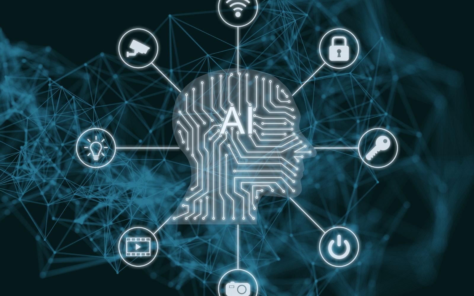 Illustration conceptuelle de l'intelligence artificielle avec un profil de tête humaine en circuit imprimé relié à diverses icônes de technologie, symbolisant les services de création de site web en Guadeloupe