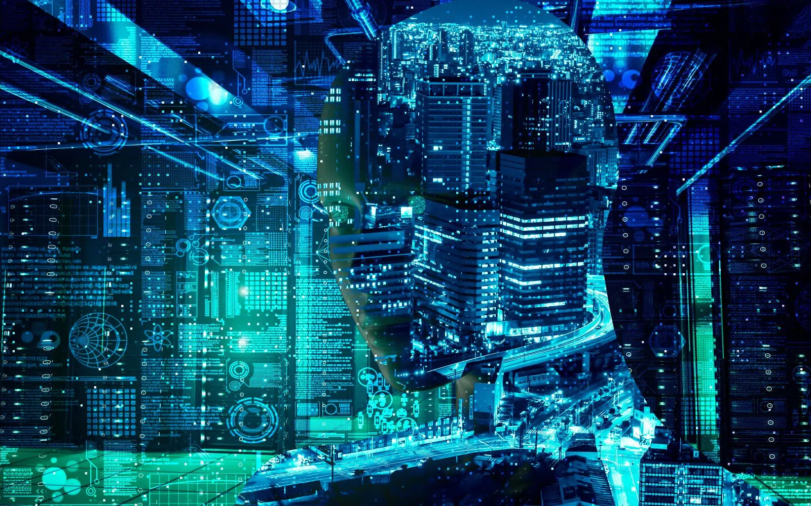 Vue futuriste d'une ville cybernétique avec des gratte-ciels illuminés, intégrée à des éléments de circuits imprimés et des graphiques numériques, évoquant une métropole avancée connectée par des technologies de création de sites web en Guadeloupe