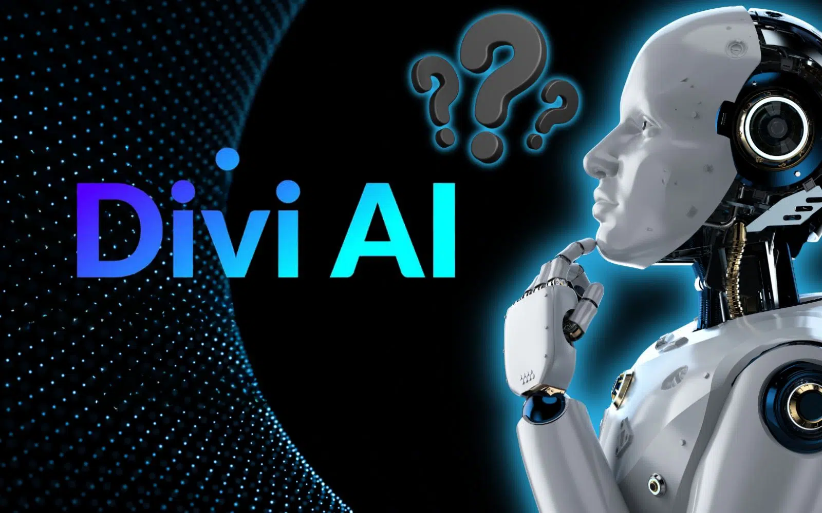 Un robot humanoïde avec une expression pensive tient le menton avec sa main mécanique, symbolisant la réflexion et l'interrogation. Le texte "Divi AI" est affiché en bleu vif à côté, évoquant les capacités de l'intelligence artificielle dans la conception de sites web. Cette image illustre comment Divi AI pourrait influencer le travail d'un web designer en Guadeloupe, intégrant l'IA dans le processus créatif.
