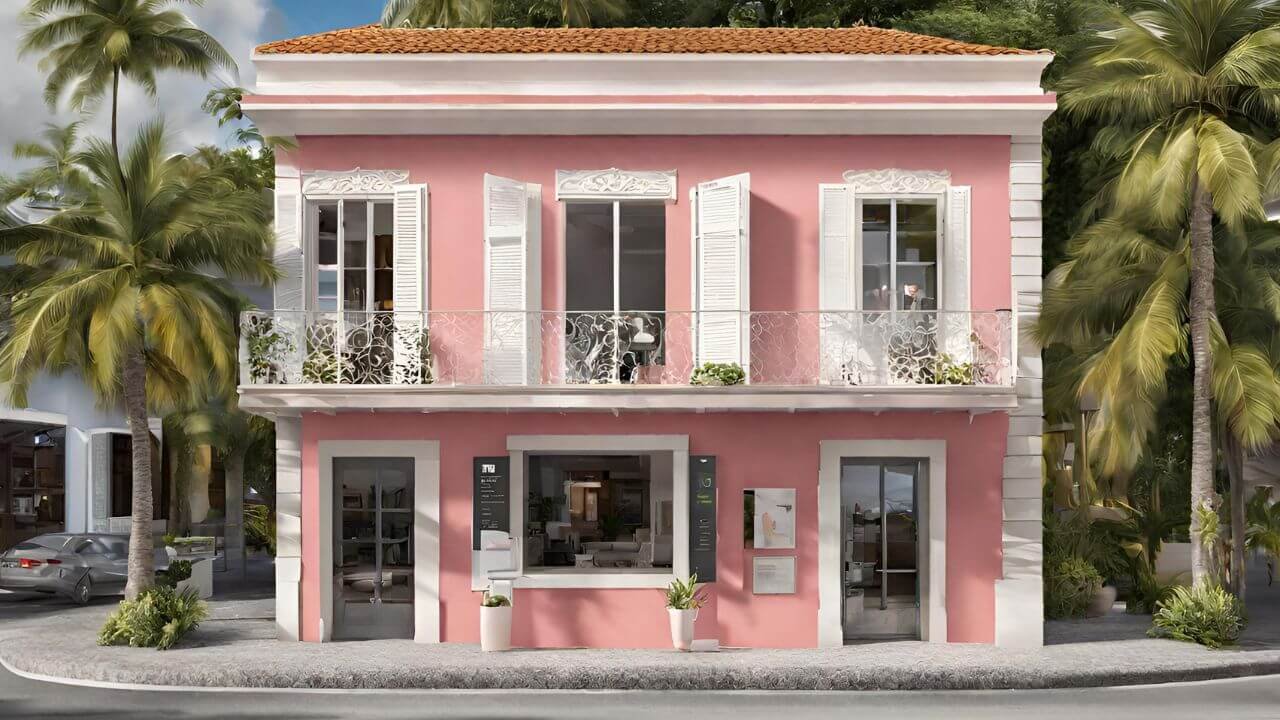 Un bâtiment rose à deux étages avec des volets blancs, représentant une agence immobilière en Guadeloupe qui utilise des solutions IA pour améliorer le service client.