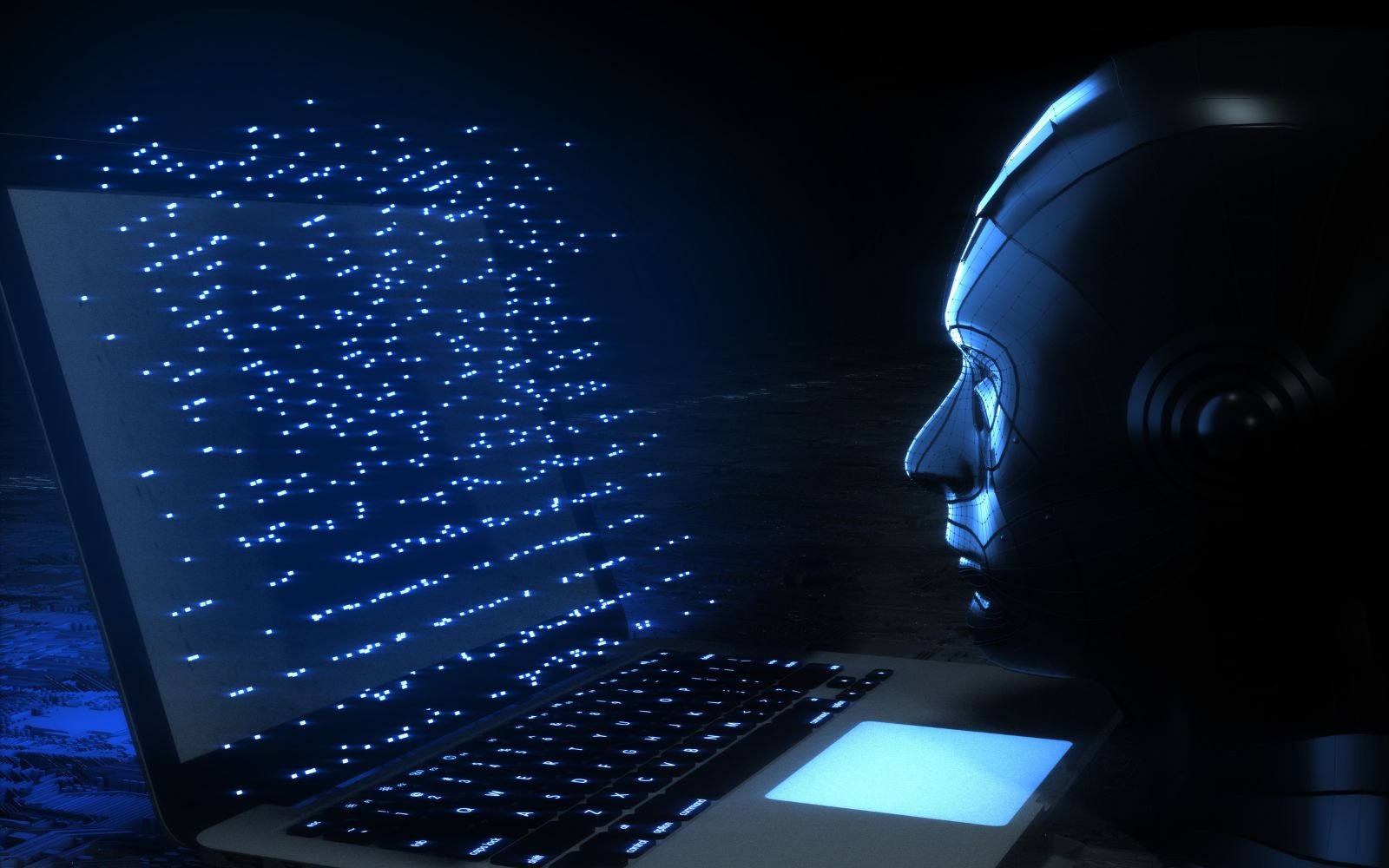 n robot métallique avec un visage humain regarde un écran d'ordinateur affichant un schéma de points de lumière bleue, symbolisant l'automatisation IA en Guadeloupe.