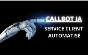 Image représentant le doigt d'un robot qui pointe vers un texte ""service client automatisé" vantant les méritent d'une agence digitale en Guadeloupe