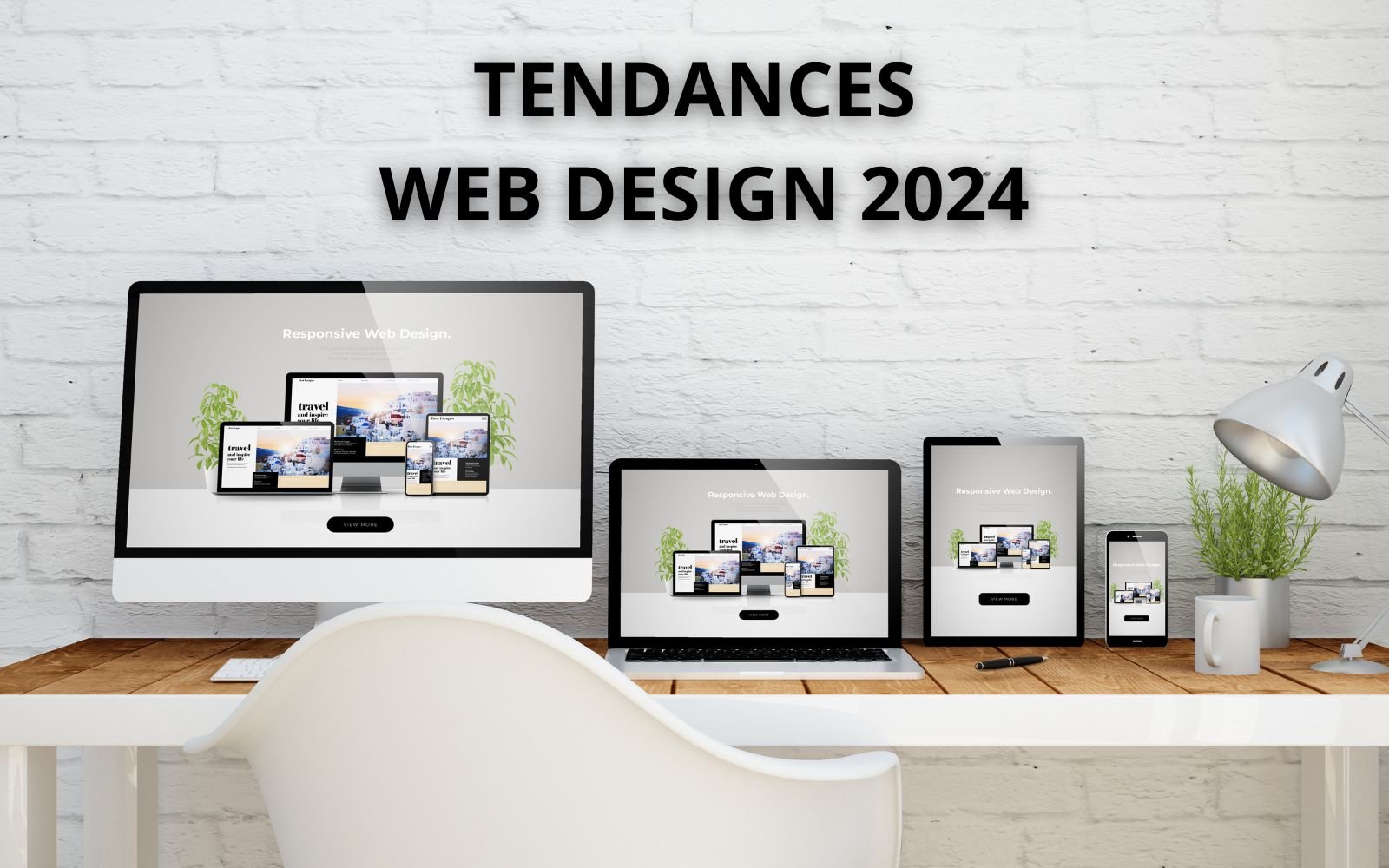 photo d'écran ordinateur de bureau, ordinateur portable, tablette et smartphone tous posés sur un bureau avec le texte "Tendances web design 2024"