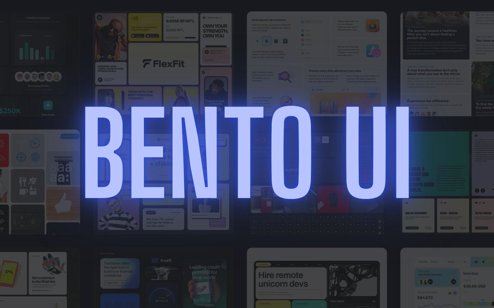 affiche avec le texte bento ui et en arrière-plan des sites web utilisant le bento ui design