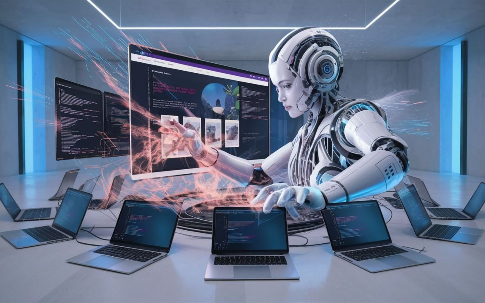 Ia utilise son intelligence artificielle pour créer un site web en une minute. L'IA est représentée par un hologramme flottant au-dessus de 10 ordinateurs portables. Les mains de l'IA se déplacent rapidement sur le clavier tandis que le site web prend forme sous ses yeux.