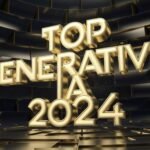 Affiche avec le texte"TOP GENERATIVE IA 2024" en lettre d'or et 3D, fond sombre et dégradé