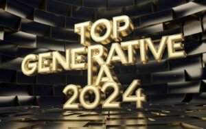 Affiche avec le texte"TOP GENERATIVE IA 2024" en lettre d'or et 3D, fond sombre et dégradé
