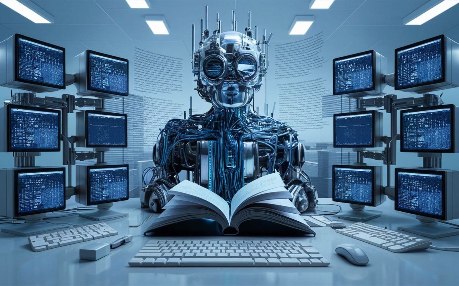 Un robot entouré d'ordinateur représentant l'ia générative