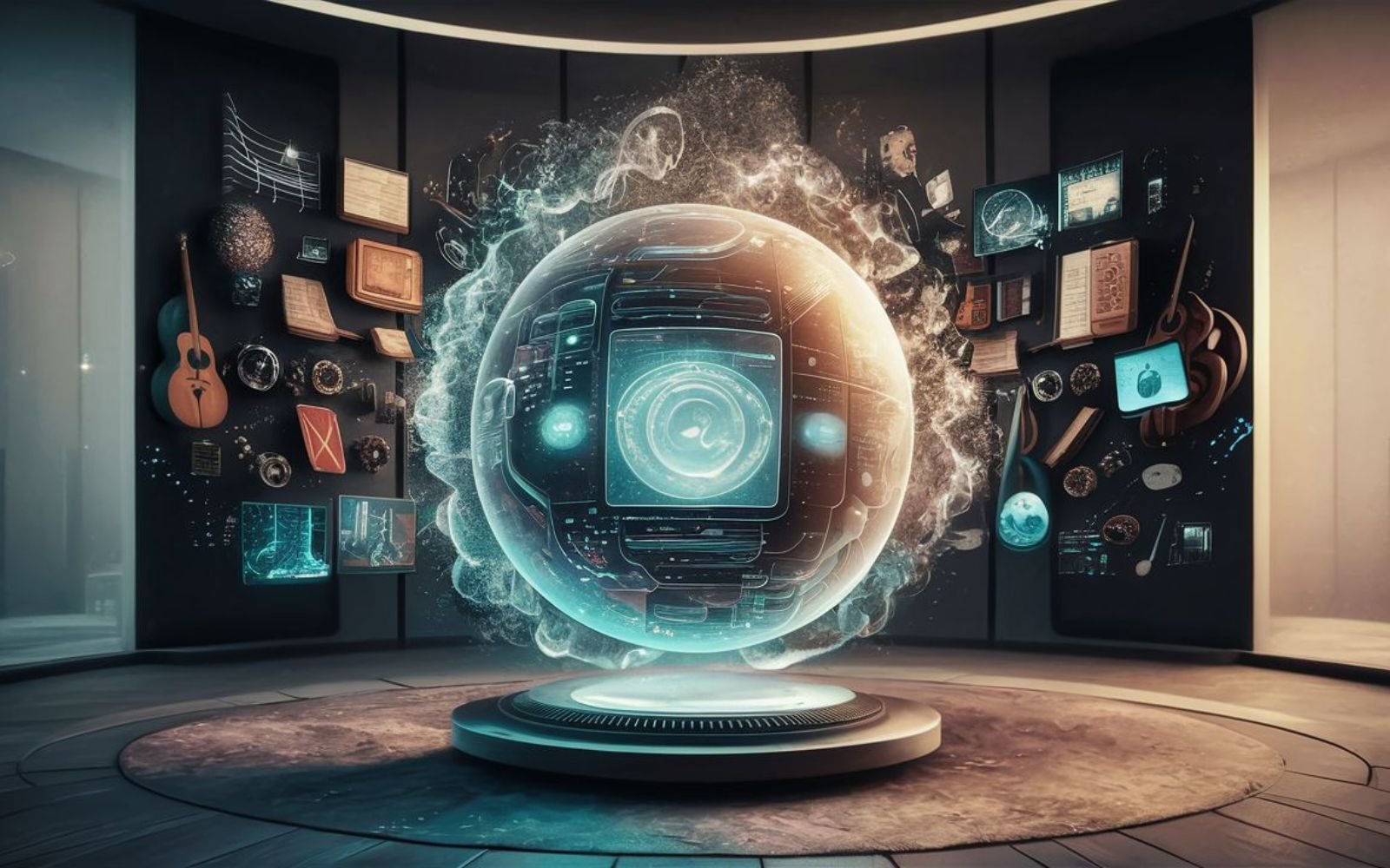 Sphère hologramme d'IA générative futuriste entourée d'objets