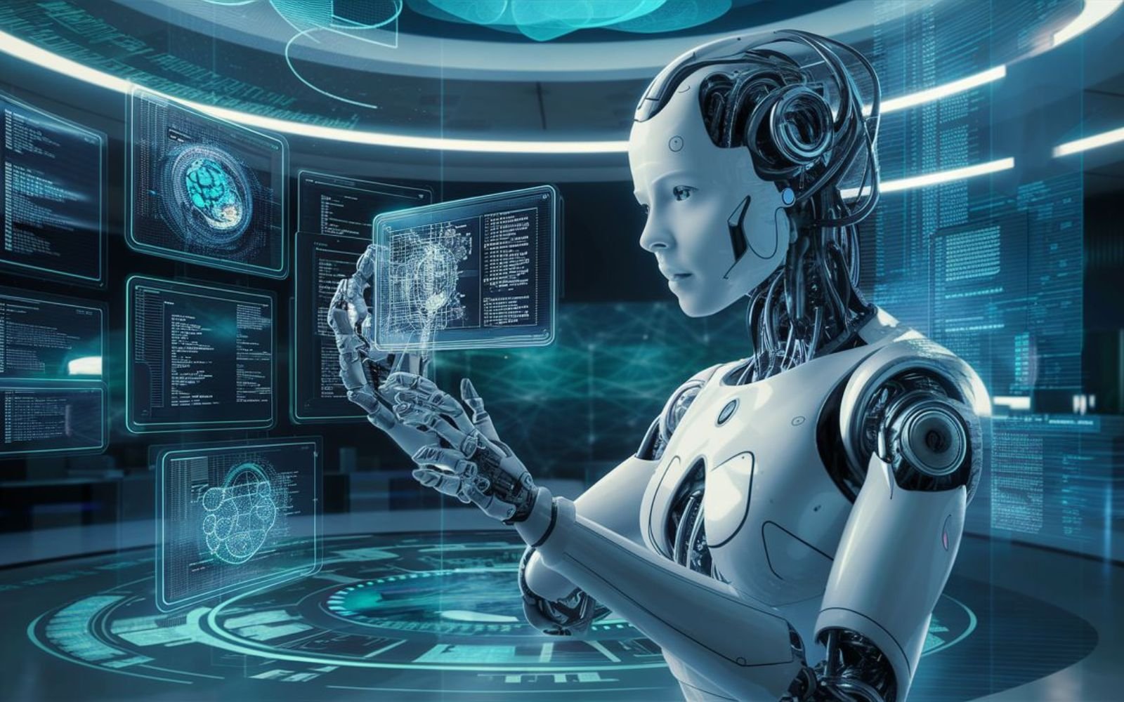 Robot androïde futuriste (IA générative)contrôlant interfaces technologiques holographiques