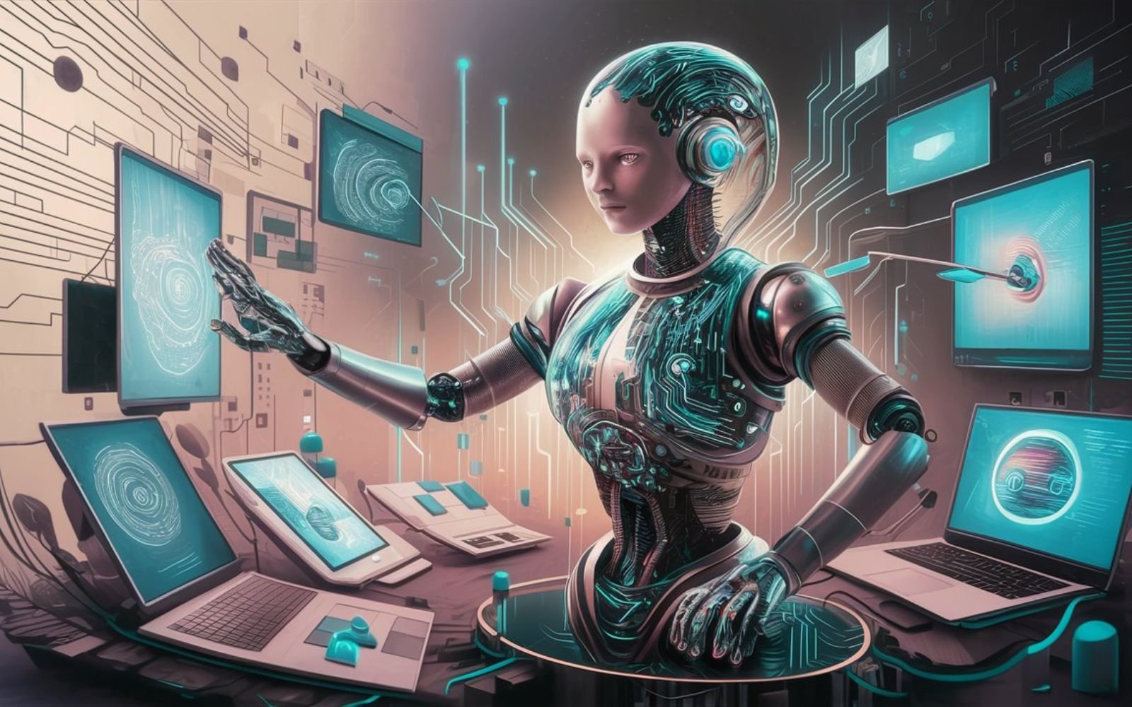A digital illustration of a futuristic AI assistant robot, with glowing circuits and a sleek, metallic design. The robot is surrounded by various digital devices and screens, symbolizing its integration with modern technology and its ability to enhance content creation and SEO optimization. The image should convey a sense of innovation, efficiency and the power of AI-driven tools to transform digital marketing strategies