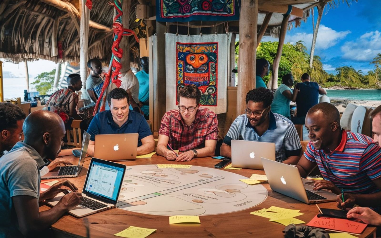Équipe de développeurs web locaux travaillant ensemble dans un bureau en Guadeloupe, avec des éléments culturels guadeloupéens en arrière-plan
