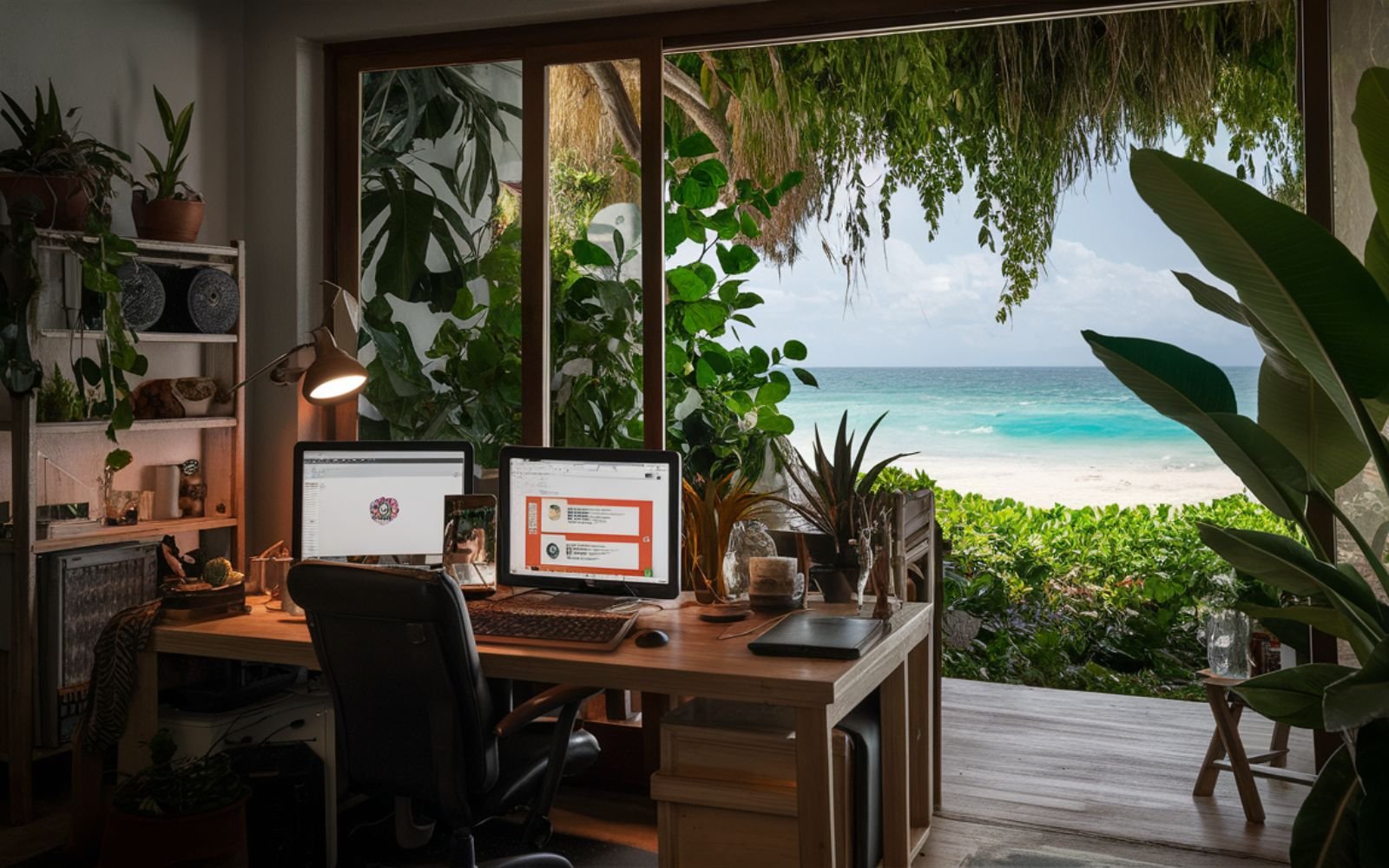 bureau d'un web designer Dr Page - Olivier Dufour avec ordinateurs, plante exotique avec une fenêtre donnant sur une plage paradisiaque, végétation luxuriante,
