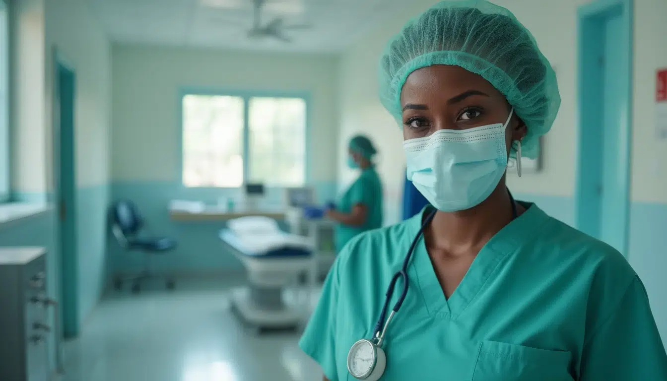 Infirmière dans un hôpital en Guadeloupe, avec l'assistance d'un callbot pour entreprises en Guadeloupe afin d'optimiser la gestion des rendez-vous et des appels médicaux.