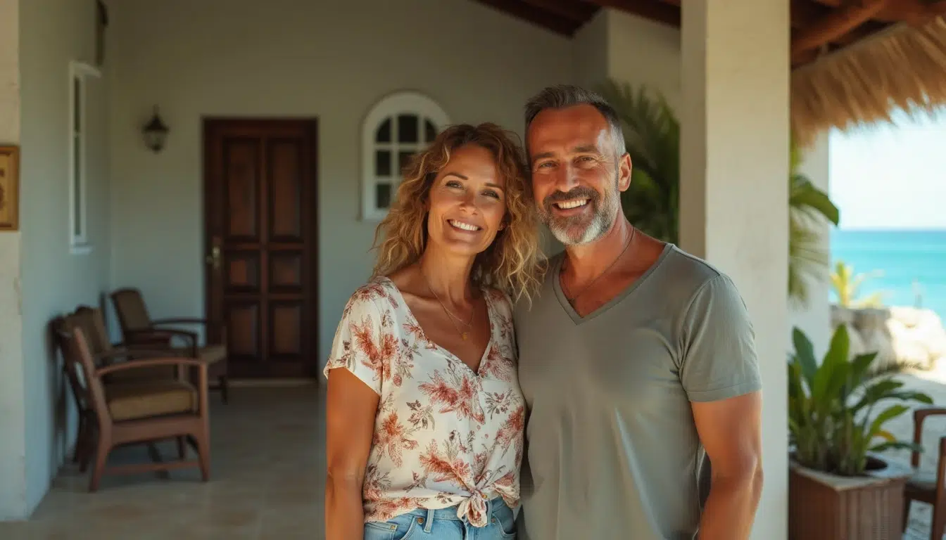 Dr Page Guadeloupe Un couple souriant posant devant leur maison en bord de mer, reflétant une ambiance détendue et chaleureuse. Pour les entreprises locales, la création sites internet Guadeloupe serait un excellent moyen de promouvoir des services comme la location de villas ou d'autres activités touristiques en ligne.