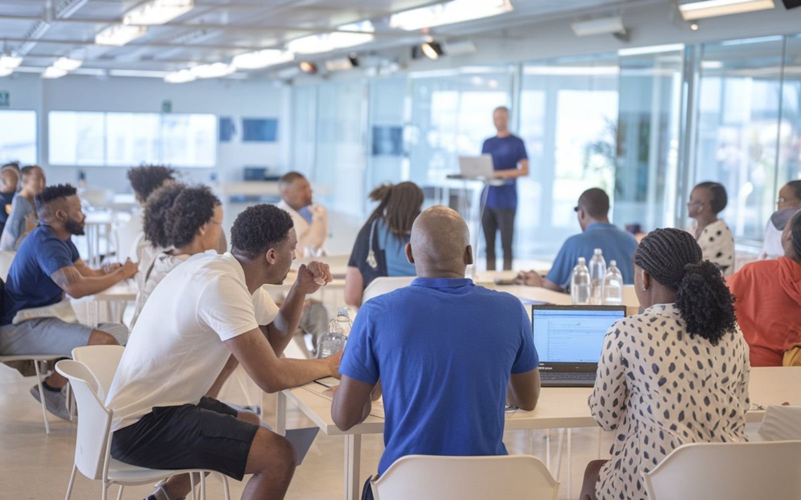 Des étudiants attentifs lors d'une session de formation IA en Guadeloupe, assistant à une présentation sur les technologies de pointe dans un cadre moderne.