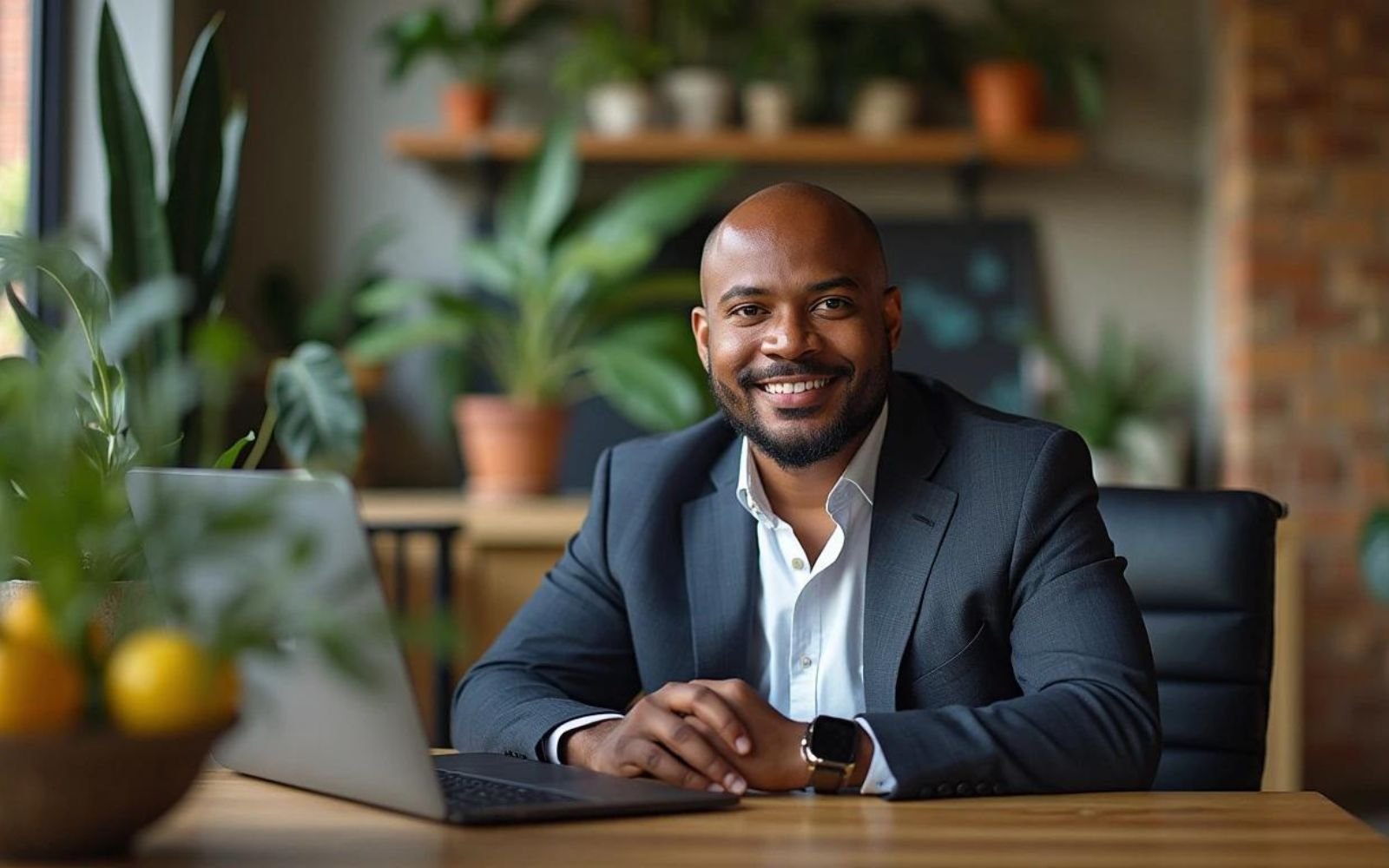 Homme d'affaires souriant en costume assis à un bureau avec un ordinateur portable, entouré de plantes, symbolisant l'innovation et le succès professionnel. Un cadre idéal pour promouvoir l'importance d'un site web intelligent en Guadeloupe pour les entrepreneurs cherchant à optimiser leur présence en ligne.