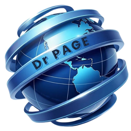 Logo de Dr PAGE, représentant un globe bleu entouré d'anneaux avec l'inscription 'Dr PAGE', symbolisant l'expertise en automatisation IA et création de site web en Guadeloupe