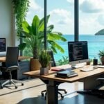 Un environnement de bureau professionnel situé dans les Caraïbes, comprenant trois bureaux. Le bureau du concepteur de sites web est équipé d'outils créatifs, tandis que les bureaux des experts en intelligence artificielle sont dotés d'installations techniques sophistiquées. La pièce comprend de grandes plantes feuillues et l'océan en toile de fond, visible à travers des fenêtres allant du sol au plafond- Création sites internet Guadeloupe - Formation IA Guadeloupe.