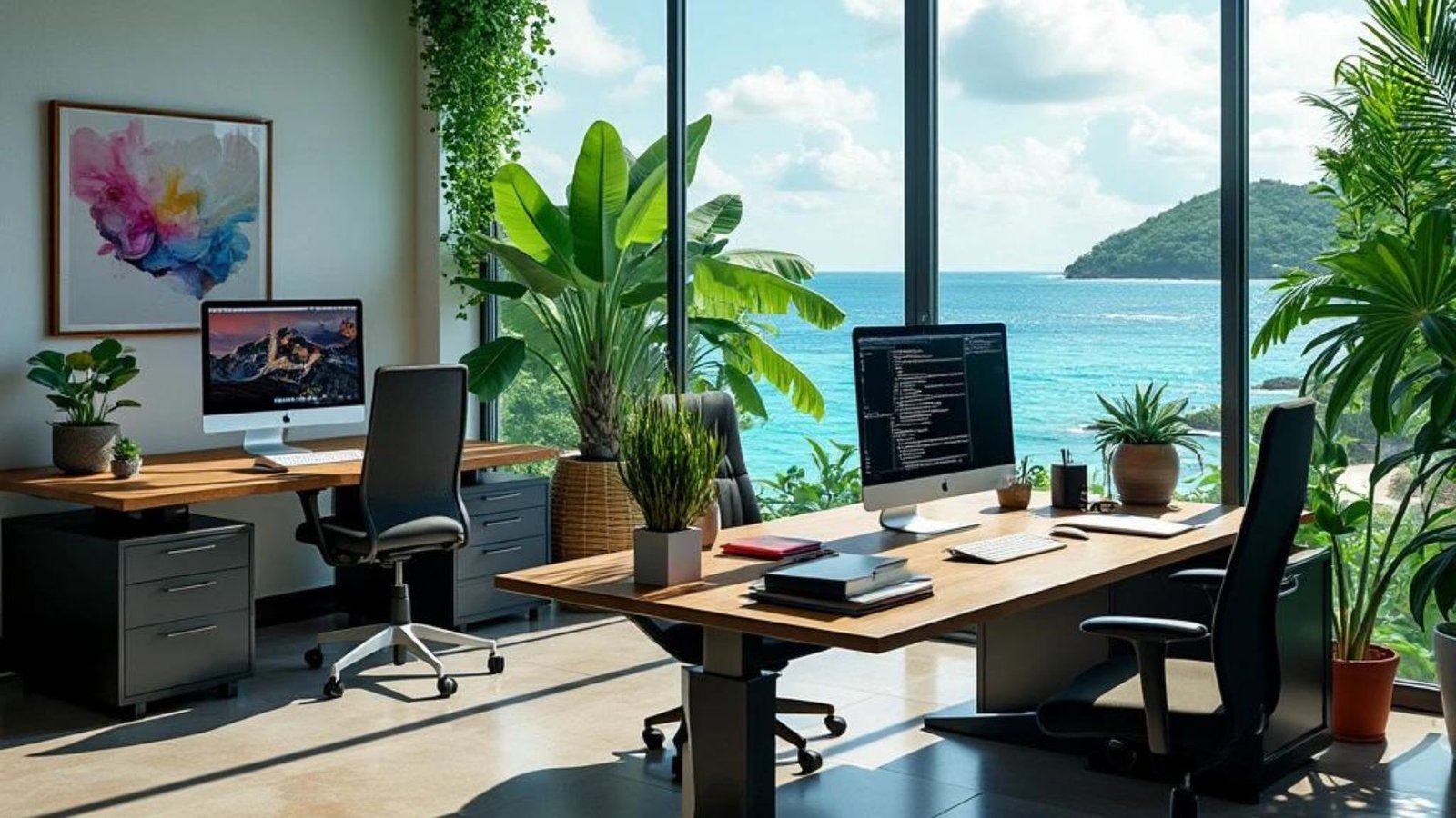 Un environnement de bureau professionnel situé dans les Caraïbes, comprenant trois bureaux. Le bureau du concepteur de sites web est équipé d'outils créatifs, tandis que les bureaux des experts en intelligence artificielle sont dotés d'installations techniques sophistiquées. La pièce comprend de grandes plantes feuillues et l'océan en toile de fond, visible à travers des fenêtres allant du sol au plafond- Création sites internet Guadeloupe - Formation IA Guadeloupe.