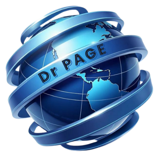 Logo de Dr PAGE, représentant un globe bleu entouré d'anneaux avec l'inscription 'Dr PAGE', symbolisant l'expertise en automatisation IA et création de site web en Guadeloupe