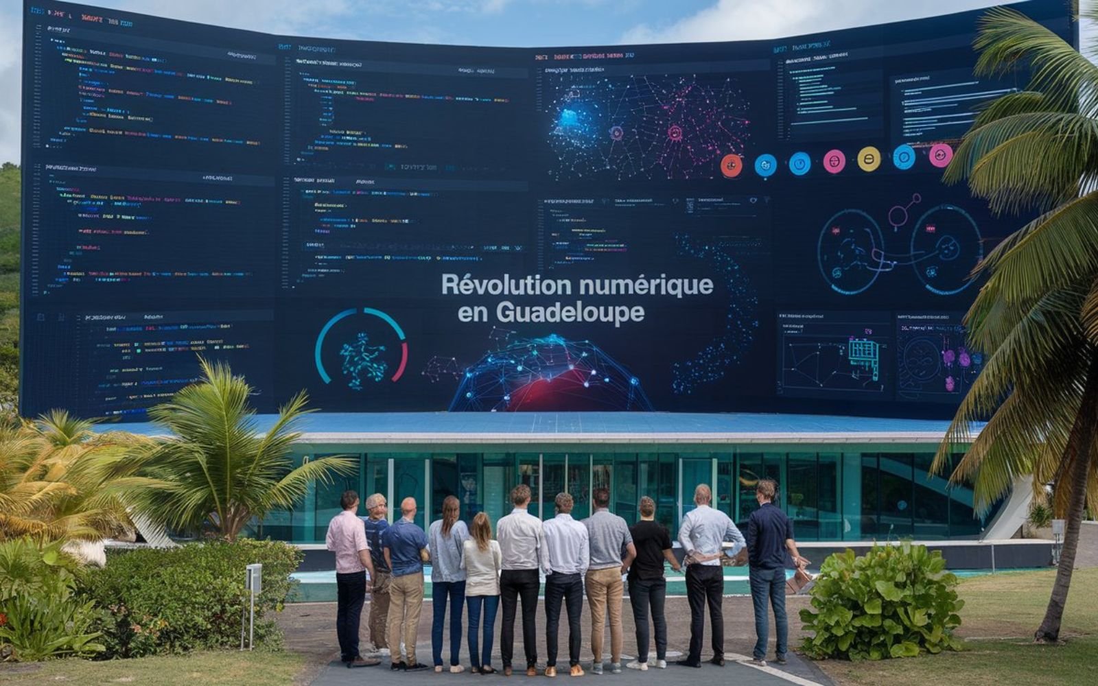 Un groupe d'entrepreneurs observe un grand écran futuriste affichant des lignes de code et des graphiques représentant l'intelligence artificielle et le développement web. L'écran, situé dans un environnement tropical avec des palmiers, met en avant la "Révolution numérique en Guadeloupe", symbolisant la convergence entre l'IA et la création de sites web dans l'archipel. Cette scène illustre l'essor technologique et les opportunités offertes par l'IA pour les entreprises locales.