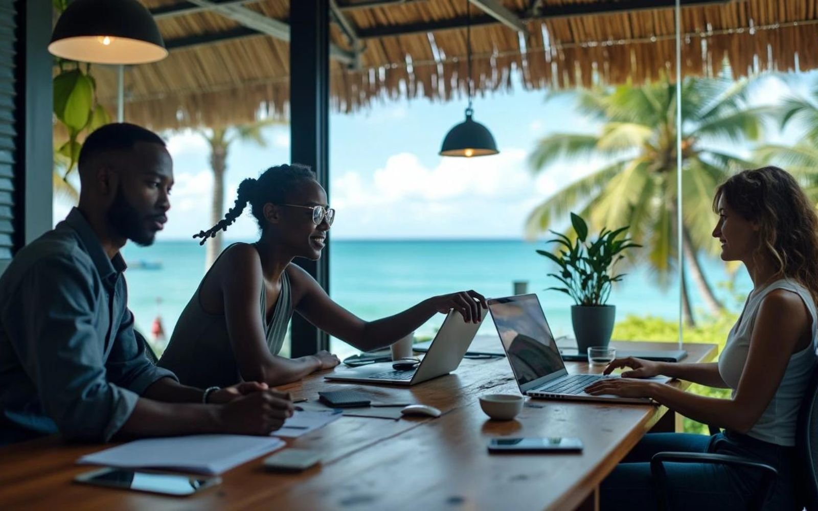 Réunion d'entreprise en Guadeloupe avec l'intégration de l'intelligence artificielle, optimisation des processus métier et collaboration en bord de mer.