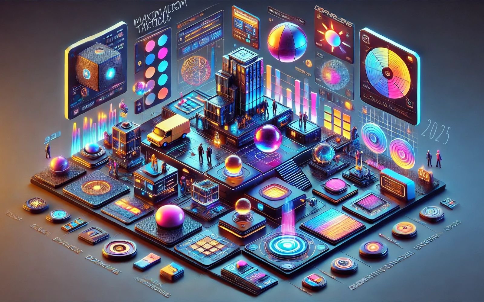 A futuristic and visually engaging digital art piece illustrating the key web design trends of 2025.