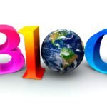 Illustration colorée du mot "BLOG" avec la Terre en guise de lettre "O", représentant la portée mondiale du blogging en entreprise.