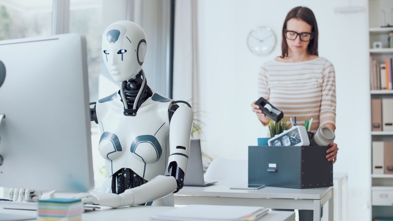 Robot humanoïde travaillant sur un ordinateur pendant qu’une femme range ses affaires de bureau.