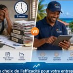 Infographie comparative montrant un artisan du BTP en Guadeloupe perdant du temps avec la méthode manuelle vs gagnant du temps avec le devis assisté par IA.