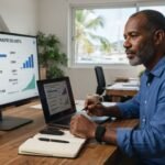 Chef d'entreprise en Guadeloupe consultant le coût d'un chatbot IA sur un tableau de bord affichant le budget, le retour sur investissement et les fonctionnalités.