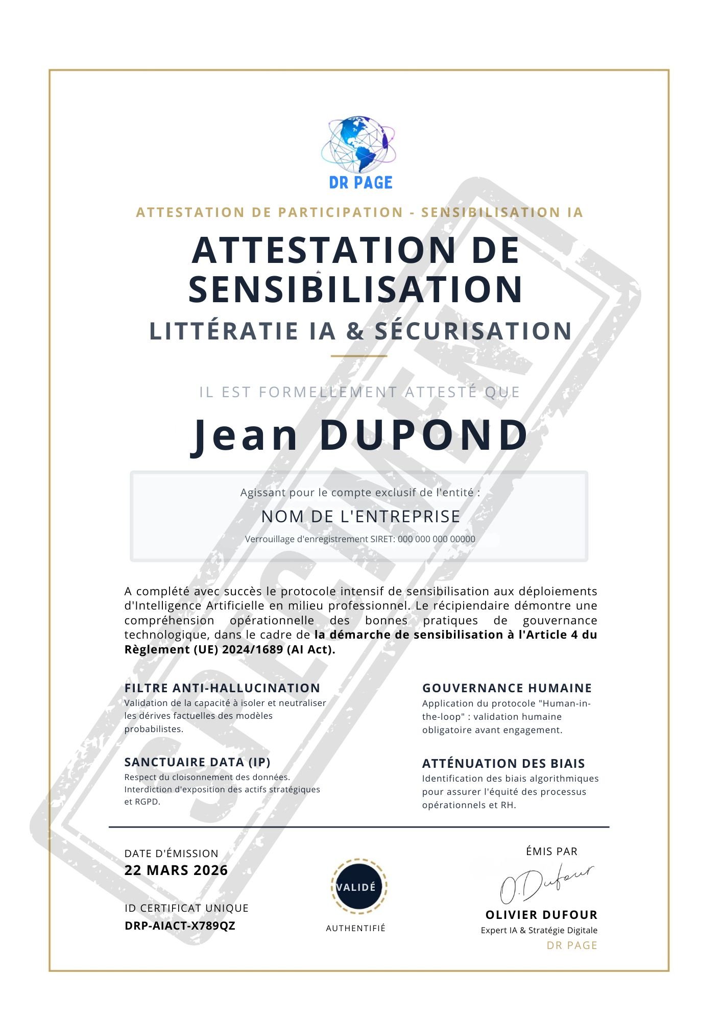 Attestation de sensibilisation