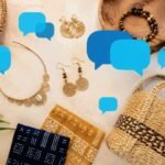 Chatbot Instagram Messenger Guadeloupe : vitrine de produits artisanaux vue de dessus avec bulles de conversation stylisées