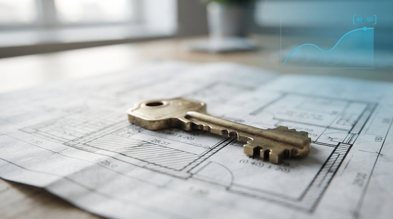 IA Immobilier Guadeloupe : clé de maison posée sur un plan avec éléments numériques symbolisant l'estimation assistée