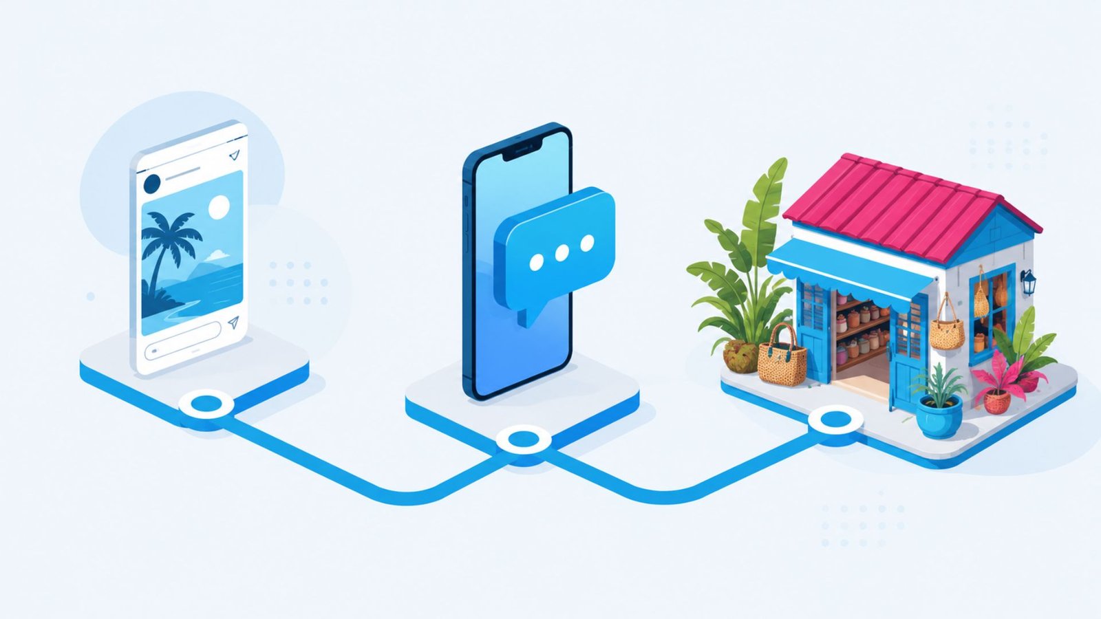 Chatbot Instagram Messenger Guadeloupe : vitrine de produits artisanaux vue de dessus avec bulles de conversation stylisées