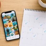 Vue du dessus d'un poste de travail avec smartphone, calendrier éditorial et produits locaux pour illustrer l'